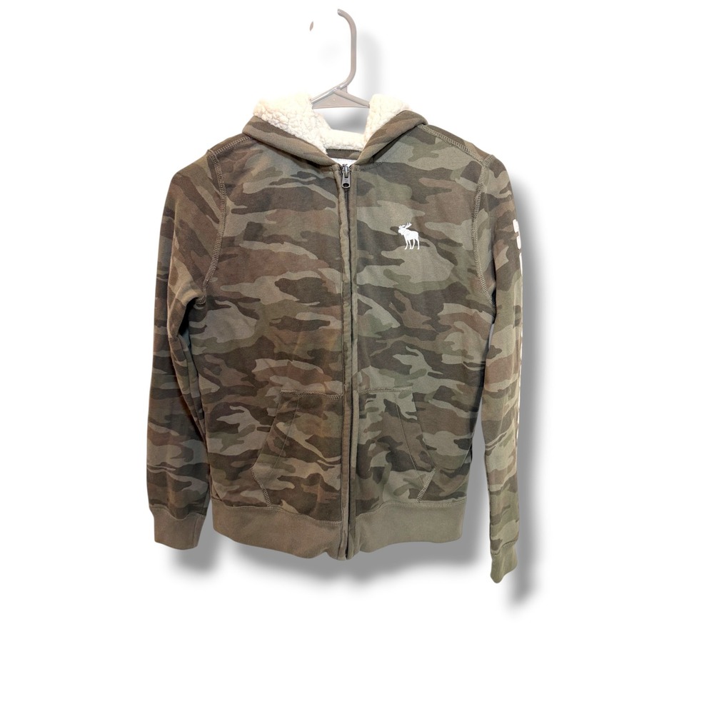 Abercrombie Kids Hoodie 13/14 Green Camo Sherpa Lined Full Zip Moose Logo